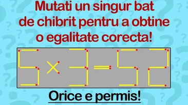 Test de inteligență doar pentru genii | Mutați un singur băț de chibrit pentru a transforma 5x3=52 într-o egalitate corectă. Orice e permis!