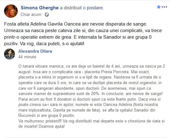 Fosta atletă Adelina Gavrilă, în pericol de moarte! Simona Gherghe, apel disperat: “Are nevoie disperată de sânge. Urmează să nască”