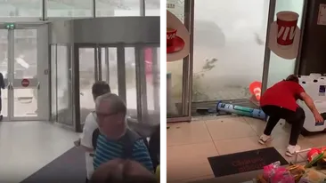 Imagini de GROAZĂ dintr-o clădire de birouri și o benzinărie din București, în timpul furtunii devastatoare! Doar în filme vezi așa ceva