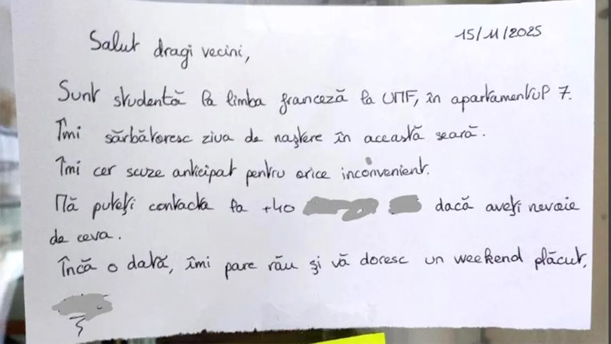 Bilețelul lipit pe afișier prin care o studentă din Cluj și-a anunțat vecinii că îmi sărbătoresc ziua în această seară. Ce s-a întâmplat la 23:59