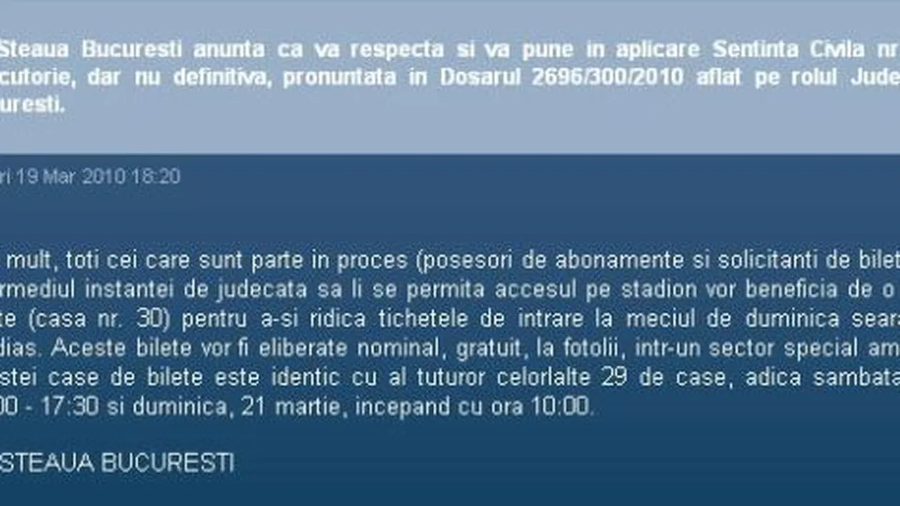 FC Steaua anunta ca va respecta decizia instantei si va permite accesul fanilor interzisi pe stadion