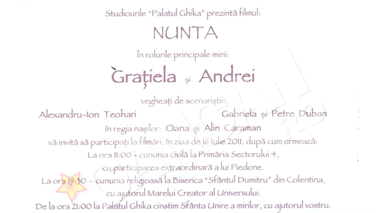 Andrei Duban si Gratiela sunt inventivi!  Au facut invitatii la nunta sub forma de generic de film!