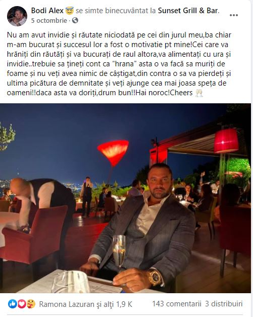 Mesajul postat de Alex Bodi pe 4 octombrie din Istanbul, unde a fost însoțit de Bianca Drăgușanu pe care a snopit-o în prima zi a lunii trecute © Facebook