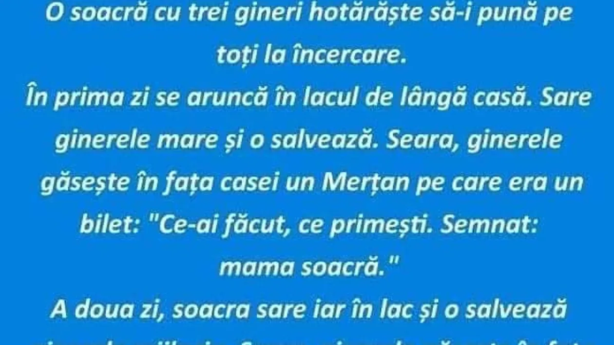 BANCUL ZILEI | O soacră cu 3 gineri hotărăște să-i pună pe toți la încercare
