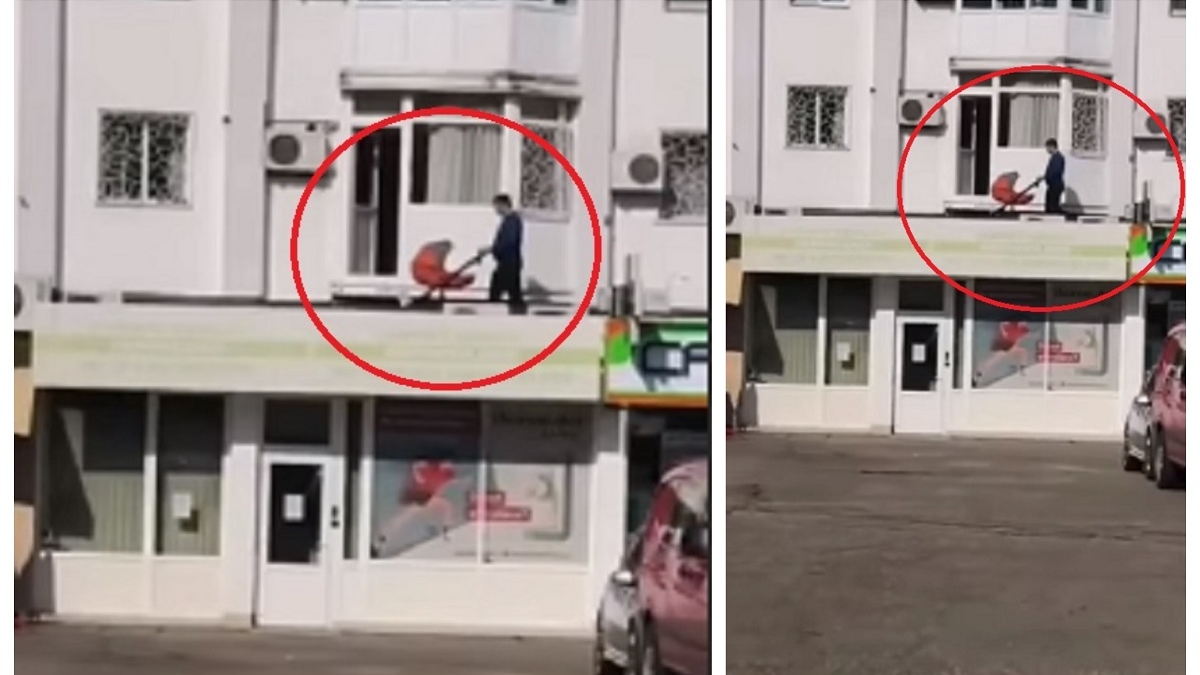 FOTO. Imagini ireale, în Pitești! Ce modalitate inedită a găsit un tătic pentru a-și plimba copilul, în contextul pandemiei de coronavirus