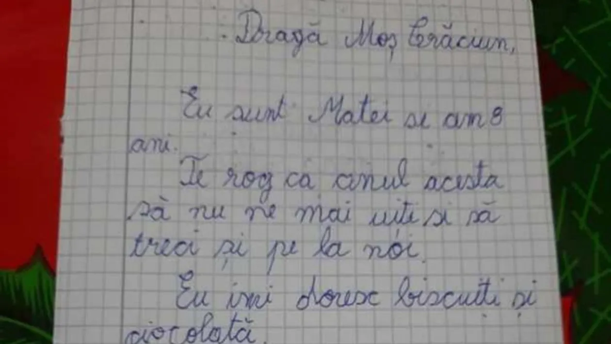 Scrisoare emoționantă! Ce i-a scris un băiețel de opt ani lui Moș Crăciun.  „Te rog ca anul acesta să nu ne mai uiţi şi să treci şi pe la noi”