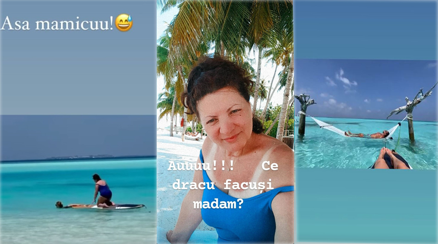 Gina Matache a învățat astăzi câteva trucuri ca să practice surf, un sport atât de iubit de milioane de oameni. Ea este în Maldive împreună cu Delia și Răzvan Munteanu © Instagram Stories
