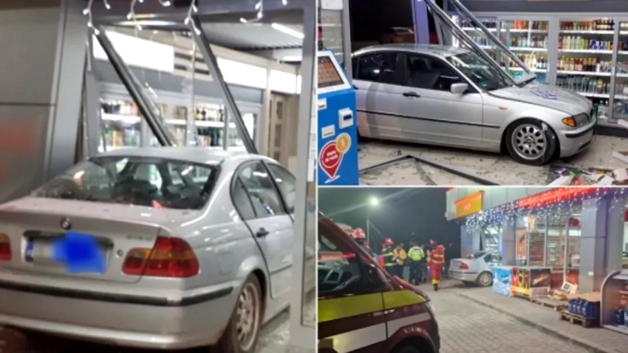 Angajații unui PECO din Vâlcea au trăit spaima vieții! Un șofer a intrat cu BMW-ul direct în benzinărie: „Erau beți, râdeau”