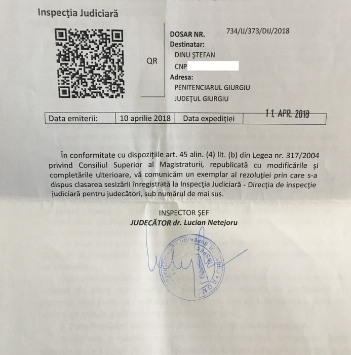 Rezolutia de la clasarea sesizarii
