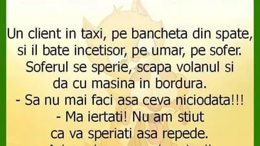 BANC | Un client, în taxi, stă pe bancheta din spate și îl bate pe șofer, pe umăr