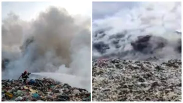 Incendiu uriaș la groapa de gunoi a orașului Titu. Locuitorii au primit mesaj pe telefoane, 5.000 de metri pătrați afectați