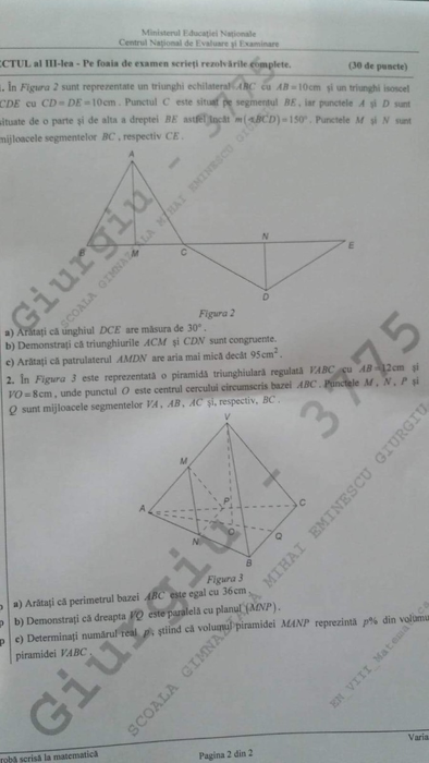 Subiectele de la proba scrisă la matematică de la Evaluarea Naţională