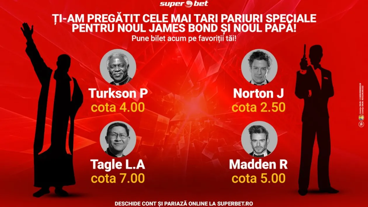 Fă-ți acum bilet cu cele mai neașteptate pariuri! Mizează pe noul actor din James Bond și noul Papă!