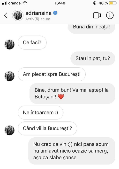 O parte din conversația pe care Adi Sînă ar fi purtat-o pe Instagram cu puștoaica din Botoșani