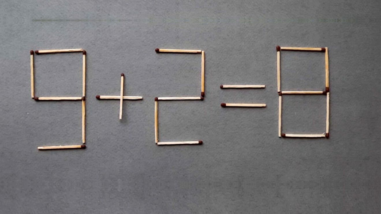 TEST IQ | Mutați un singur chibrit pentru a corecta: 9 + 2 = 8