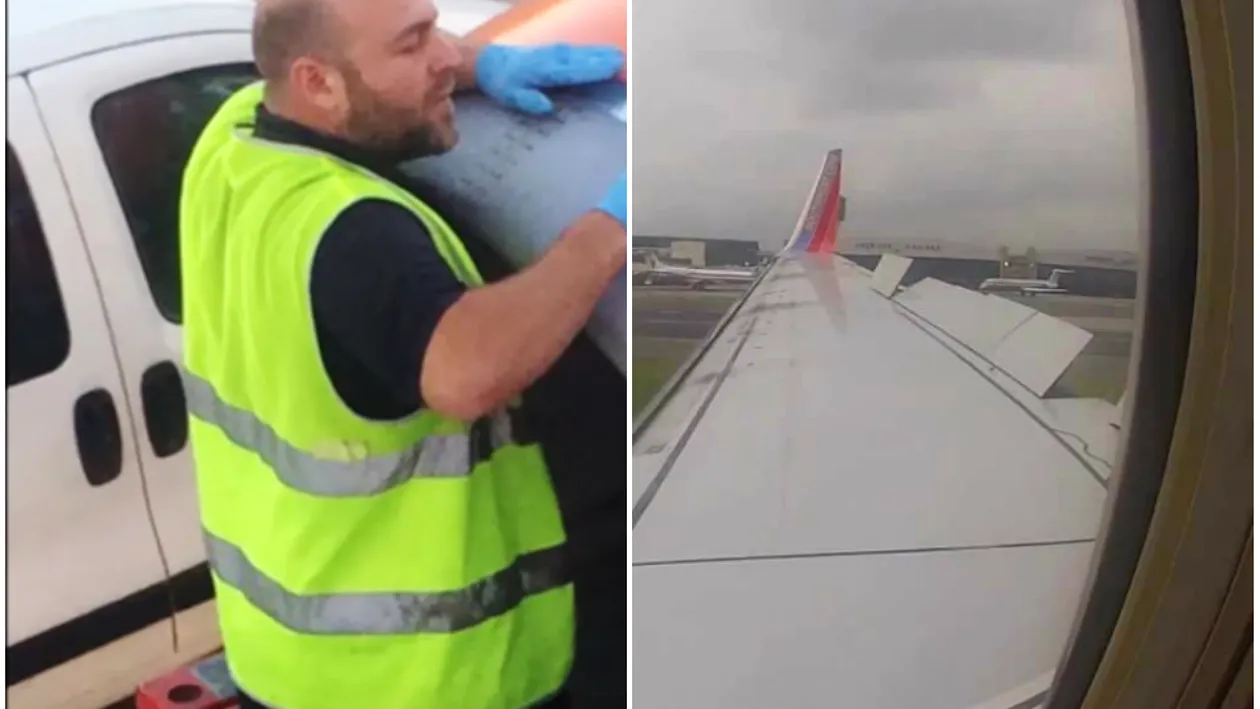 A filmat un moment şocant, chiar înainte ca avionul să decoleze! Ce făcea de fapt un tehnician care fusese chemat să repare motorul