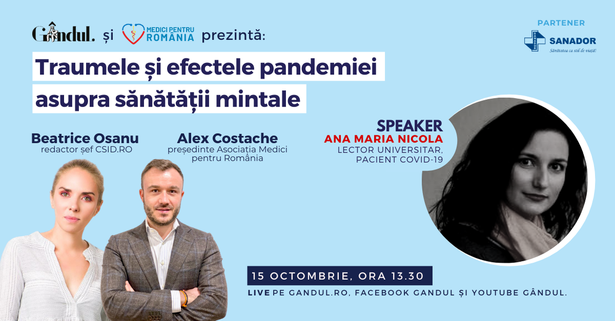 Află care sunt efectele statului în casă asupra psihicului și cum controlăm anxietatea pe timp de pandemie! Astăzi de la 13.30 în webinarul LIVE – Traumele și efectele pandemiei asupra sănătății mintale!