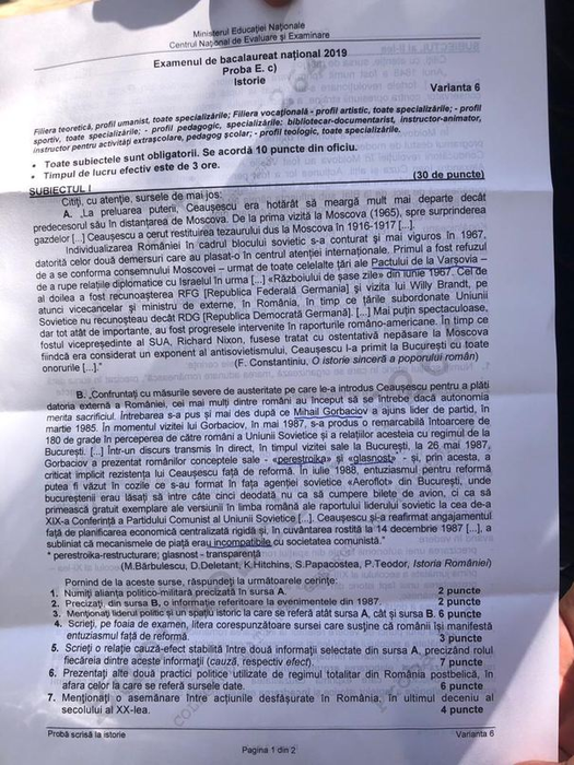 Edu.ro: Subiecte și barem la istorie, la BAC 2019