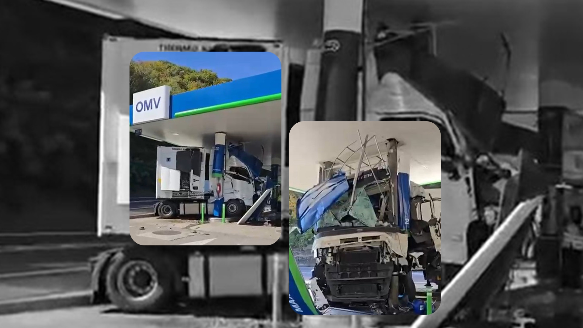 Pericol de explozie pe Valea Oltului! Un TIR a intrat într-o pompă de carburant, iar cabina șoferului este daună totală
