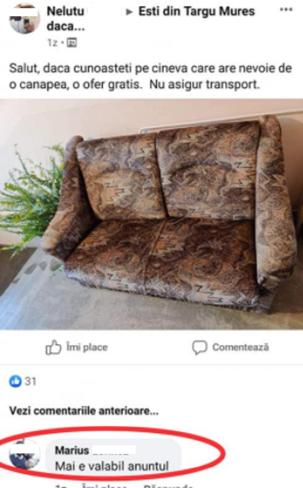 Poveste incredibilă în Târgu Mureș. Cum a încercat un bărbat să obțină bani pe o canapea, după ce a primit-o gratis