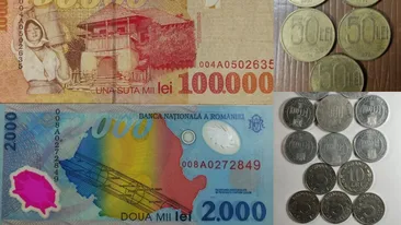 Mai ai acasă astfel de piese? Prețul ireal la care se vinde o colecție întreagă cu monede și bancnote de 5, 10, 100, 1.000, 5.000 și 100.000 de lei