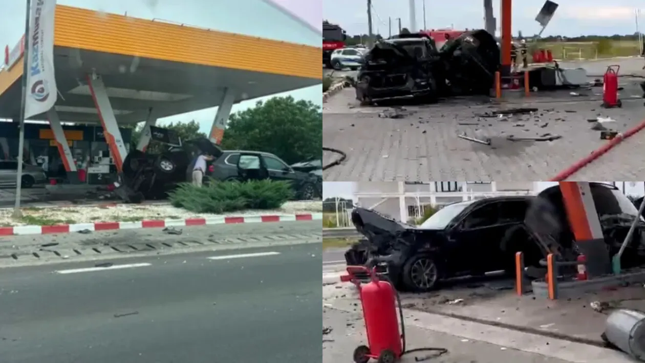Accident grav în Dolj! Două mașini s-au izbit și au fost proiectate într-o stație de carburanți