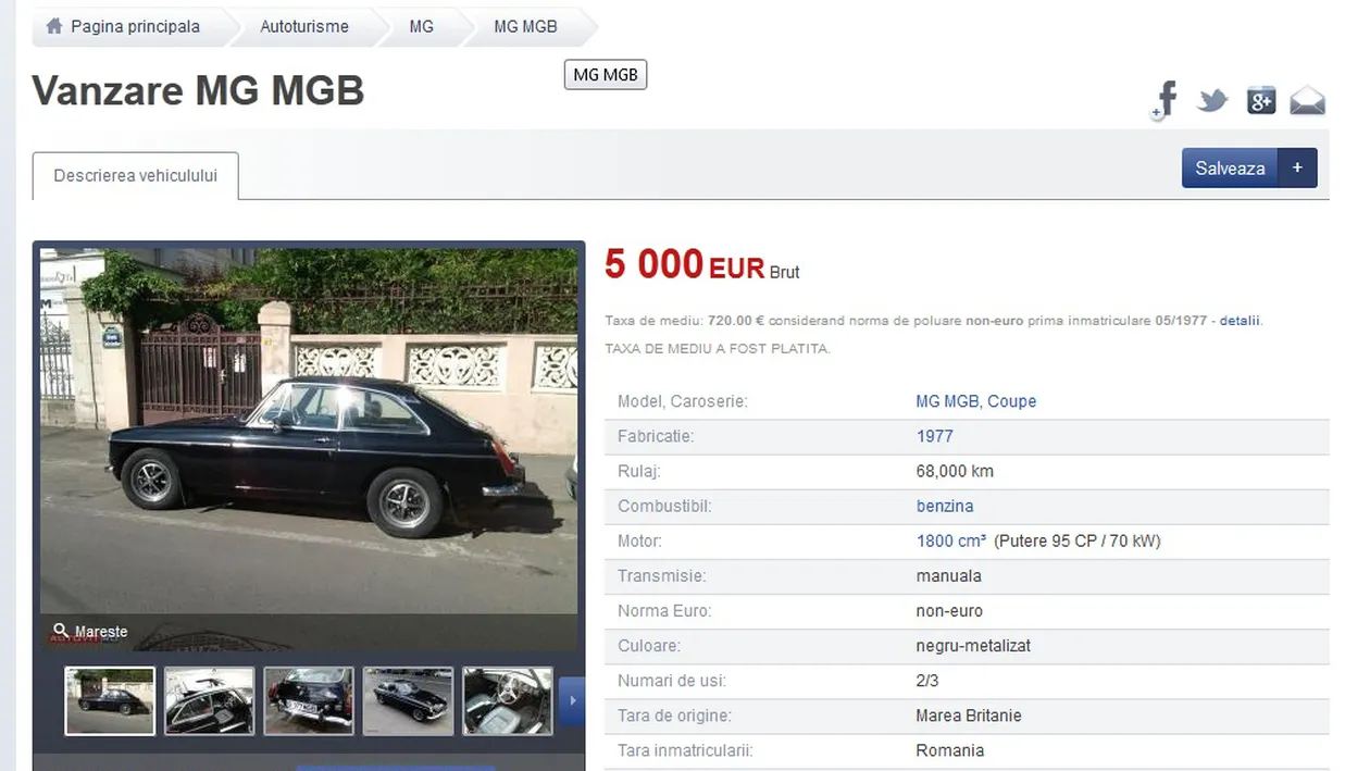 Probleme in afaceri? Sotul Danei Rogoz si-a scos la vanzare cu 5.000 E masina de epoca reconditionata cu 12.000 de lire!