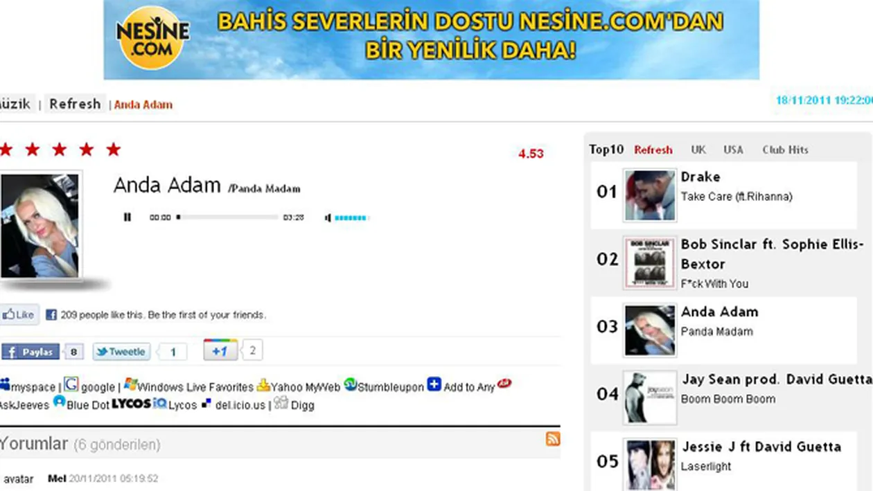 Anda Adam este foarte indragita in Turcia! pAnda mAdam ocupa locul 3 in top!