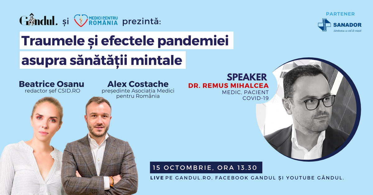 Află care sunt efectele statului în casă asupra psihicului și cum controlăm anxietatea pe timp de pandemie! Astăzi de la 13.30 în webinarul LIVE – Traumele și efectele pandemiei asupra sănătății mintale!