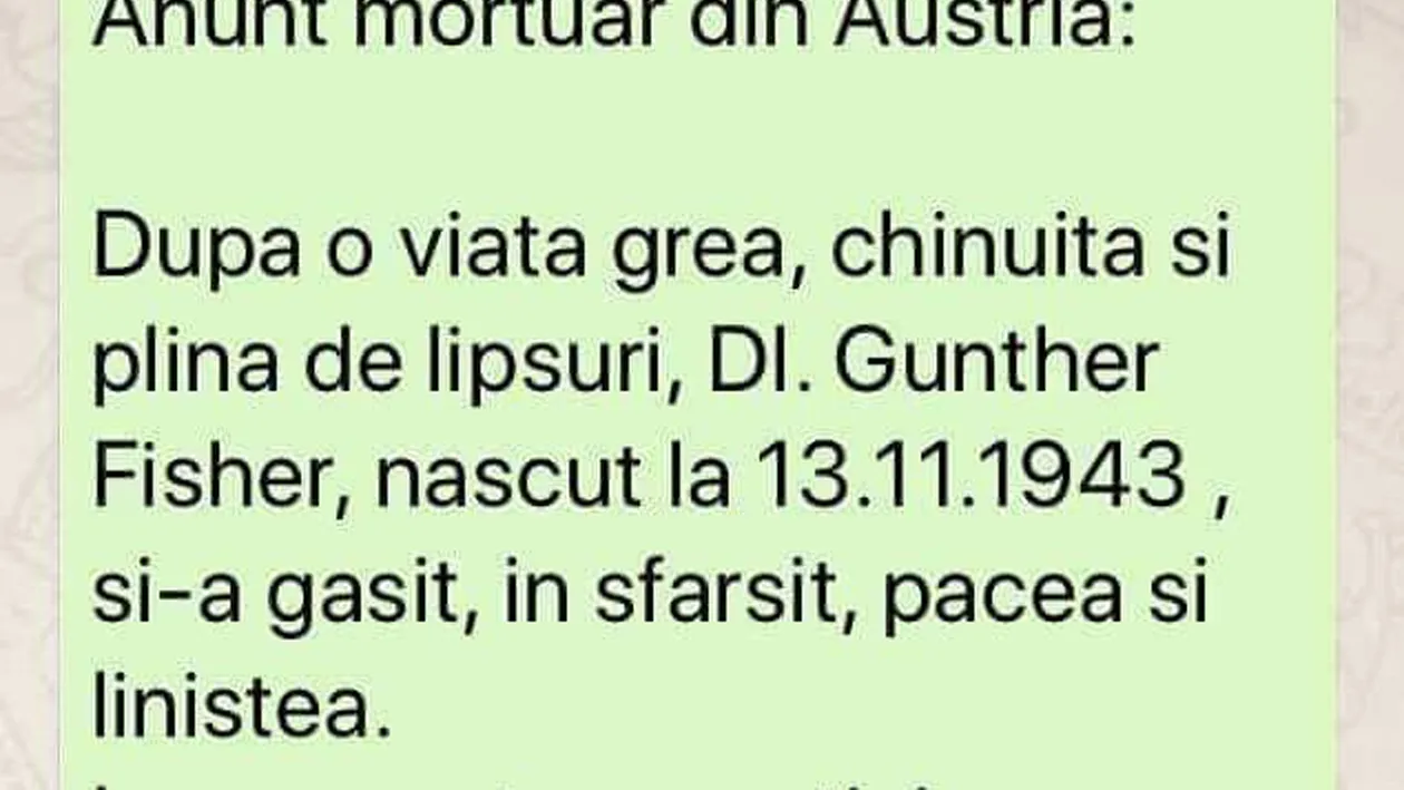 BANC | Anunț mortuar în Austria: După o viață grea, chinuită și plină de lipsuri, domnul Gunther Fisher..