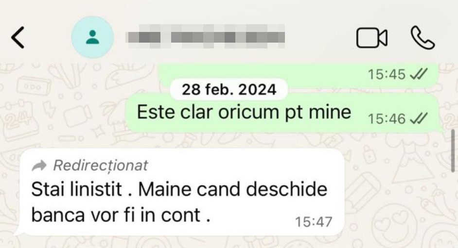 Daniel Tudorache i-a trimis fostei soții un mesaj redirecționat de la Sadîca Mihăiță, cel care ar fi trebuit să îi transfere banii