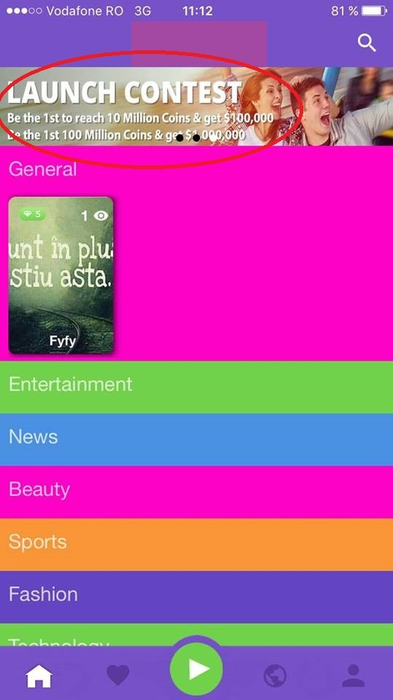 Bannerul din aplicaţie prin care este promovat faptul că banii virtuali, denumiţi coins, se transformă în dolari reali