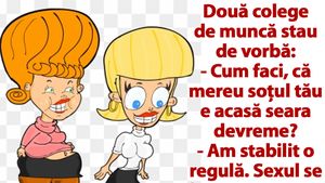 BANC | Două colege de muncă stau de vorbă: "Cum faci, că mereu soțul tău e acasă seara devreme?"