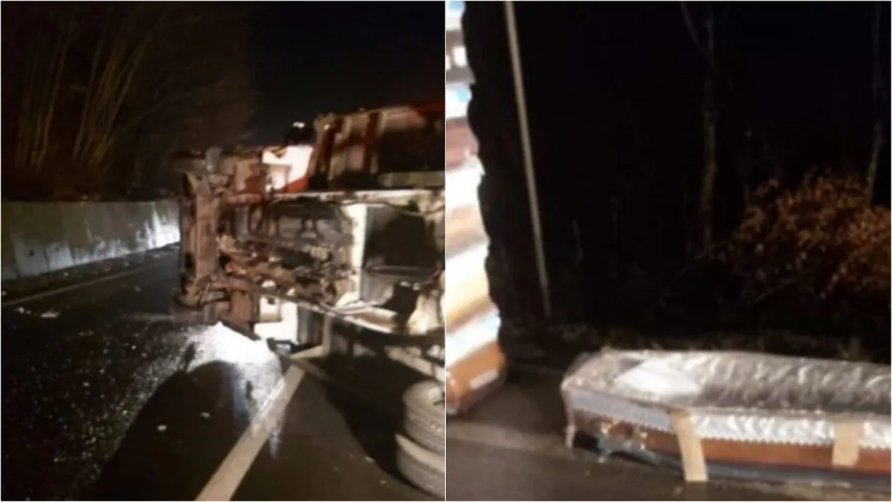 Coșciuge împrăștiate pe DN13, după ce un camion s-a răsturnat