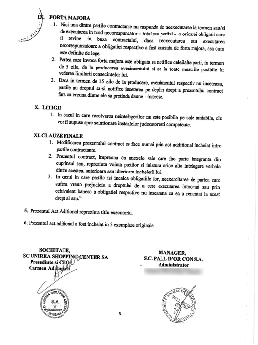 Act adiţional la contractul dintre Unirea Shopping Center şi PALL D'OR CON SA