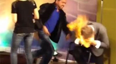 VIDEO Scene de groază la TV! Un prezentator i-a dat foc unui invitat în direct