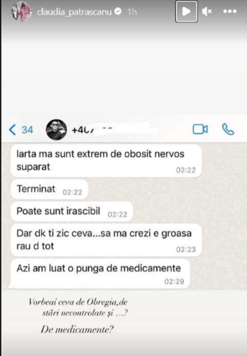 Claudia Pătrășcanu a făcut publice mesajele de la Gabi Bădălău. Afaceristul recunoaște că a înghițit o pungă cu pastile
