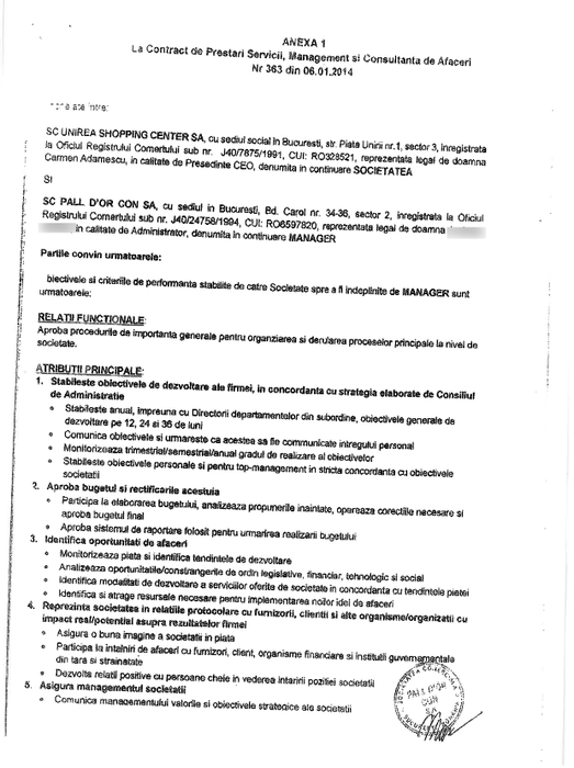 Anexă la contractul dintre Unirea Shopping Center şi PALL D'OR CON SA