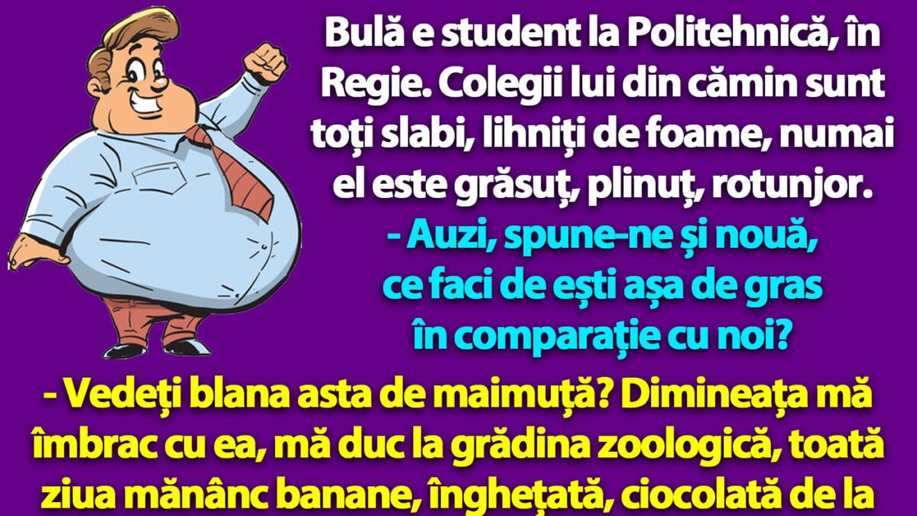 BANC | Bulă e student la Politehnică. Colegii lui din cămin sunt toți slabi, lihniți de foame, numai el este grăsuț
