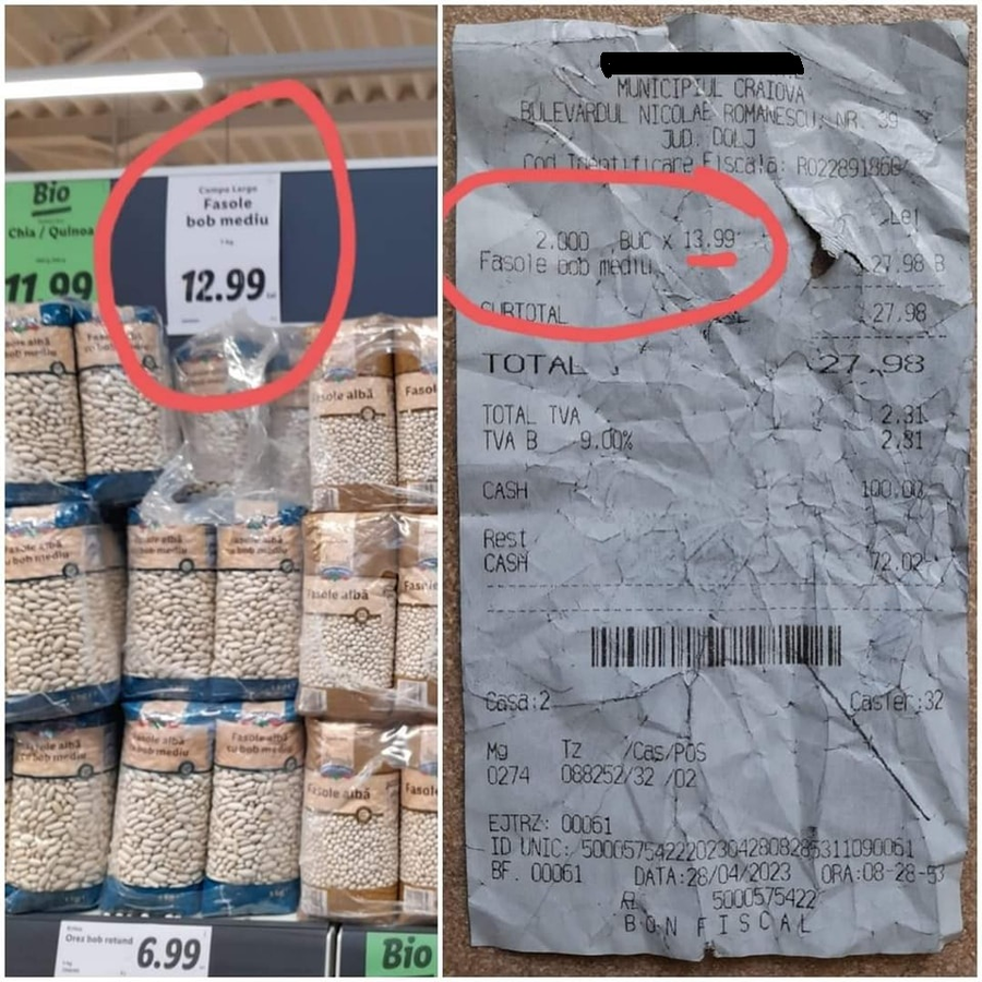 Un preț la raft, altul pe bon/ Foto: Facebook