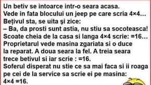 BANC | Un bețiv se întoarce seara acasă. Vede în fața blocului un jeep