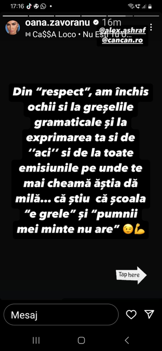 Oana Zăvoranu îl ”pulverizează” pe Alex Bodi cu un mesaj halucinant! ”Mi-a fost teamă că îmi poți fura colanții!”