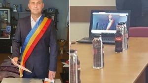 Primarul din Potcoava s-a îmbrăcat elegant, și-a pus drapelul pe piept și a anunțat online că a fost testat pozitiv cu COVID-19 | VIDEO