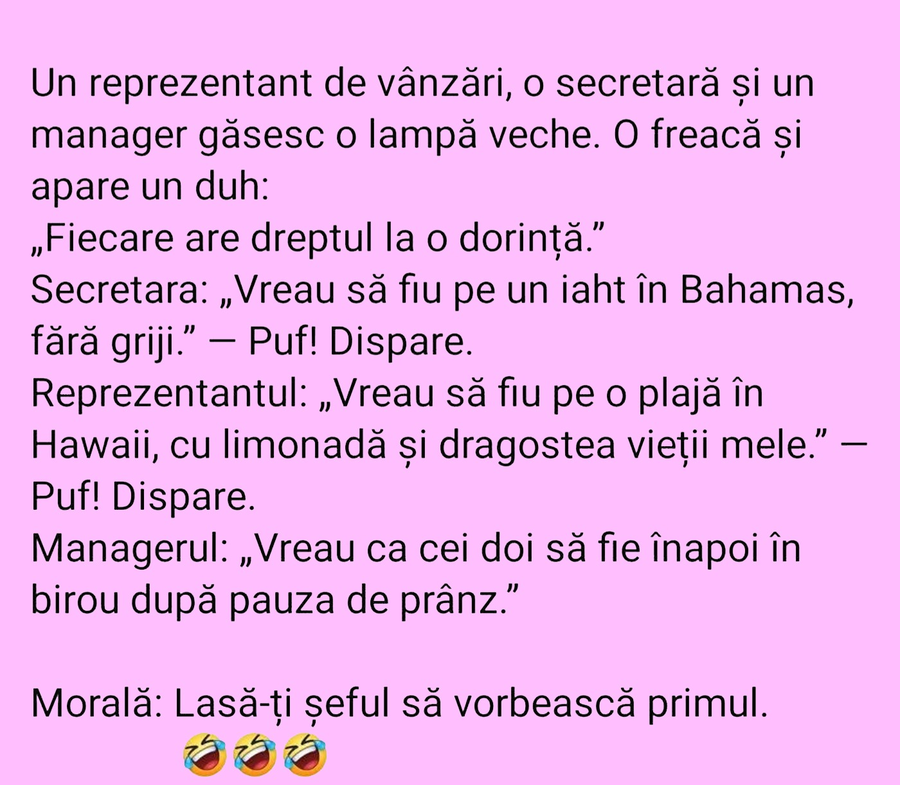 BANCUL ZILEI | Un reprezentant de vânzări, o secretată și un manager găsesc o lampă veche