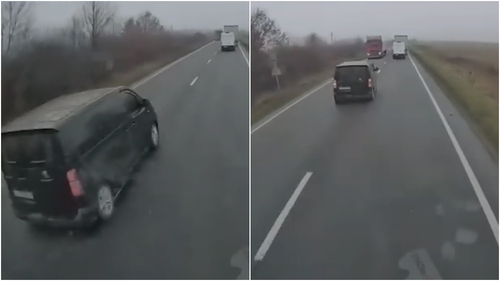 Momentul impactului de pe DN6 a fost filmat. Ce greșeală a făcut microbuzul negru care a intrat în TIR