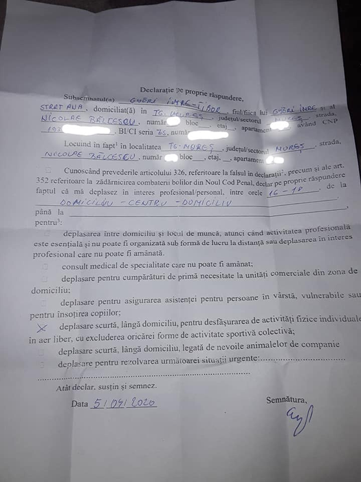 Caz ireal în Târgu Mureș! De ce a primit un bărbat amendă de 2.000 lei, cu toate că a prezentat polițiștilor declarația