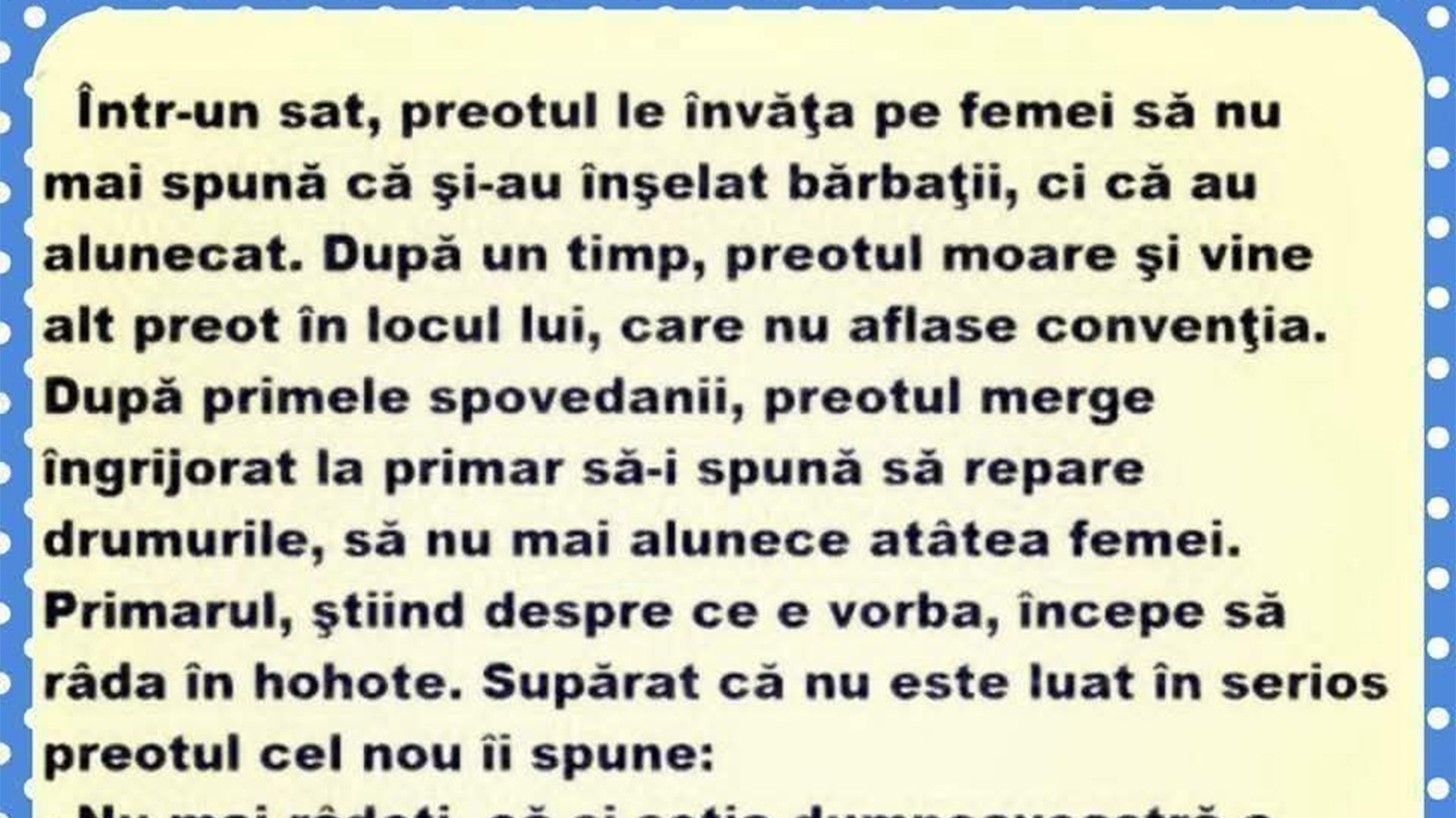 Bancul de weekend | Într-un sat, preotul le învață pe femei ce să spună după ce înșală