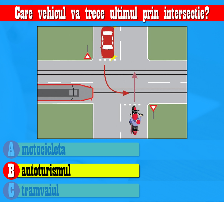 Test auto pentru șoferi, cu 10 chestionare | Primul: Care dintre cele 4 autovehicule au prioritate la trecere?