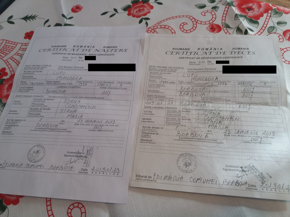 Primăria din Brabova a eliberat un certificat de naștere în loc de unul de deces pentru bătrâna Minodora