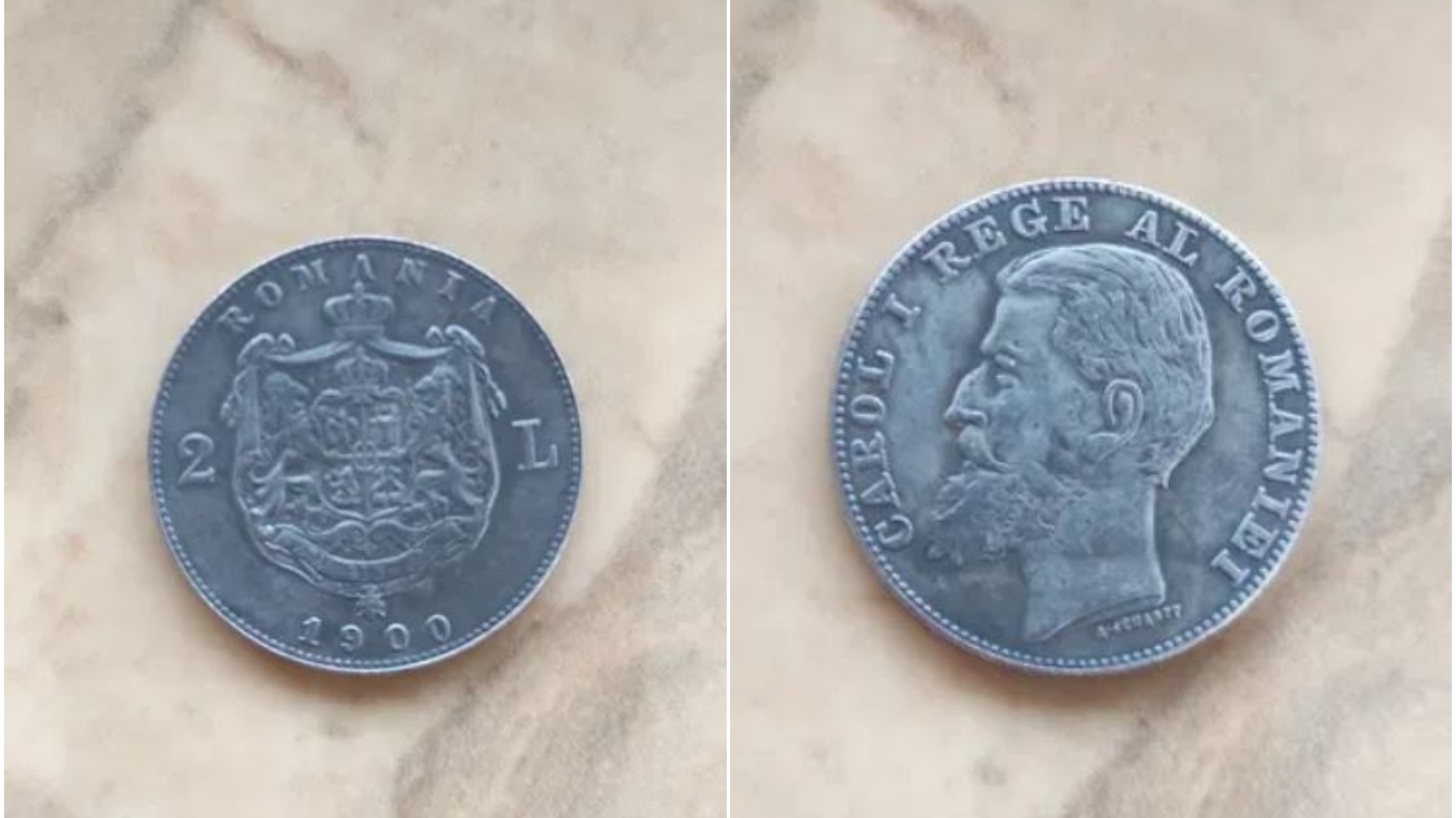Tu mai ai așa ceva acasă? Cu cât se vinde o monedă de 2 lei din 1900, acum, în anul 2023. Este din argint și are ștanțat chipul lui Carol I al României
